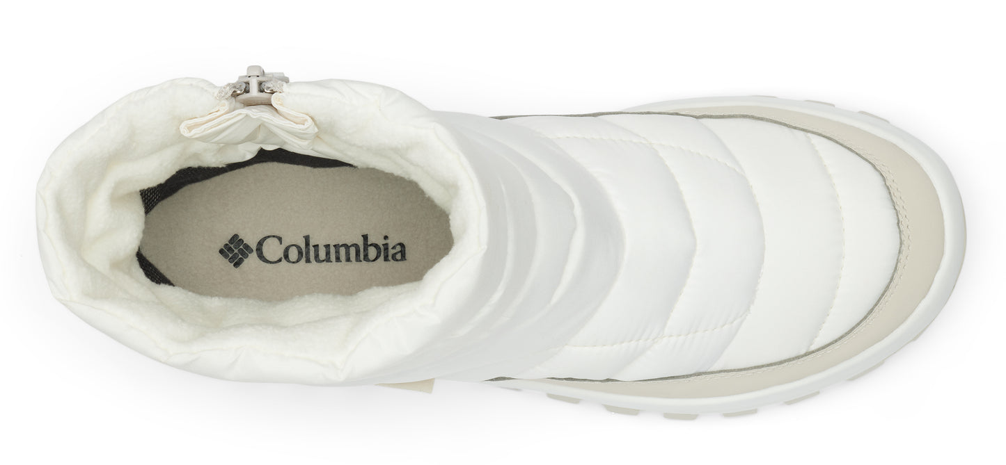 White puffy bootie, with Columbia logo on the insole.