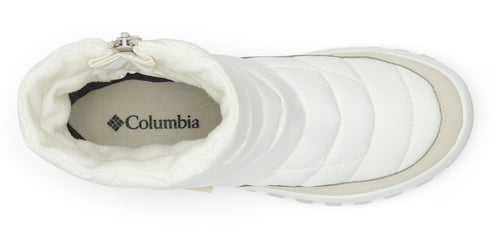 White puffy bootie, with Columbia logo on the insole.
