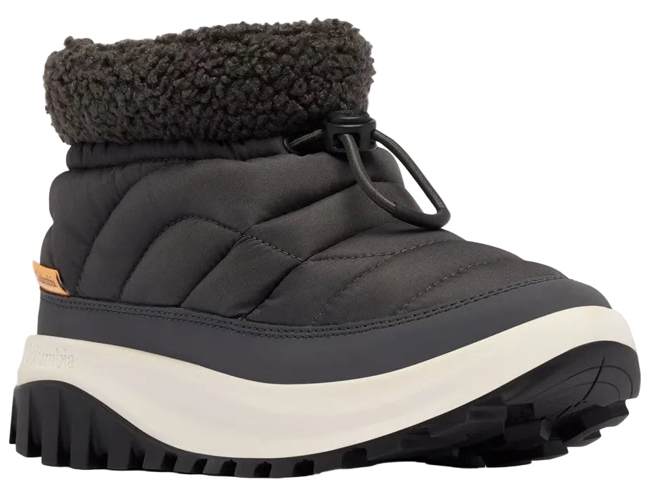 A grey, quilted puffer boot with a dark grey, fuzzy fleece collar and a black drawstring toggle closure, featuring a thick, white, textured midsole and a rugged black lug sole.