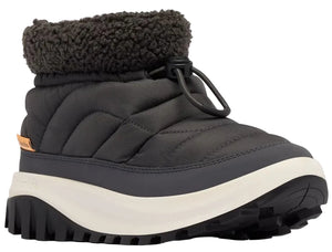 A grey, quilted puffer boot with a dark grey, fuzzy fleece collar and a black drawstring toggle closure, featuring a thick, white, textured midsole and a rugged black lug sole.