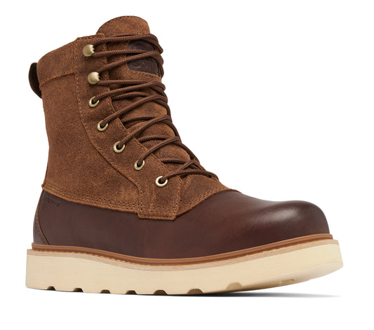Brown leather and suede lace-up boot with a cream-colored sole.