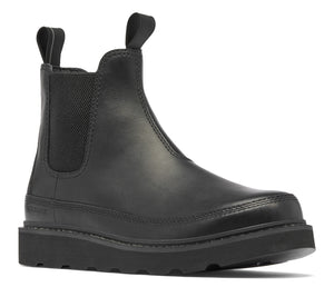Black leather Chelsea boot with elastic side panels and pull tabs on the heel and ankle.