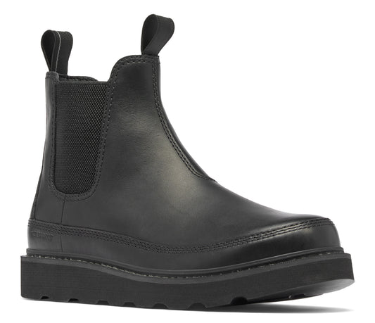 Black leather Chelsea boot with elastic side panels and pull tabs on the heel and ankle.