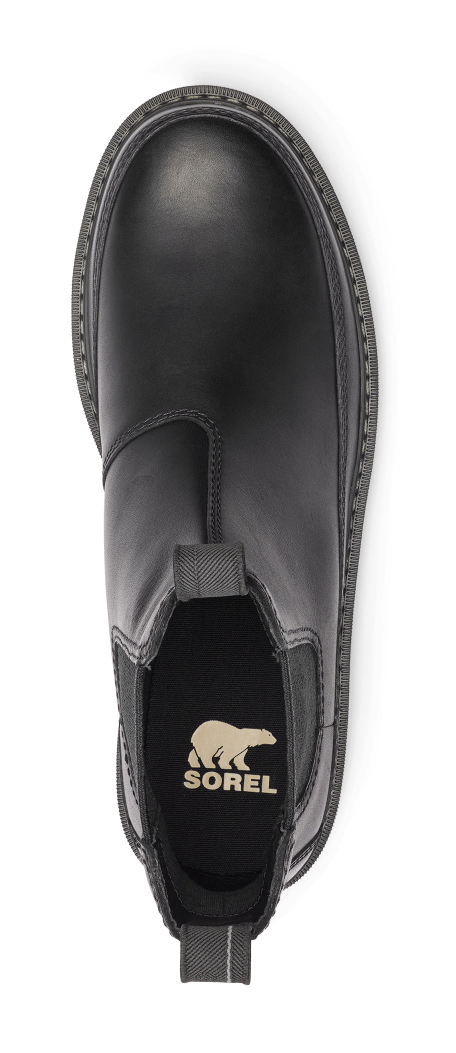 a black Chelsea boot with a thick sole, showing the insole with a logo.