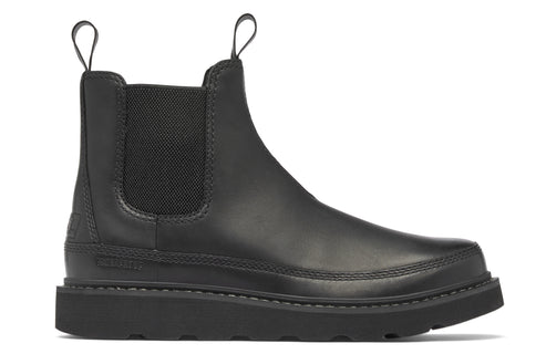 Black leather Chelsea boot with elastic side panels and pull tabs.