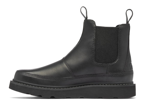 Black leather chelsea boot with pull tabs and a chunky sole.