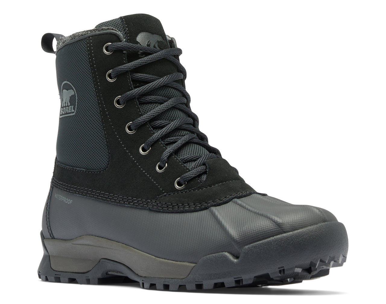 Black waterproof boot with lace-up closure, high ankle, and textured sole.