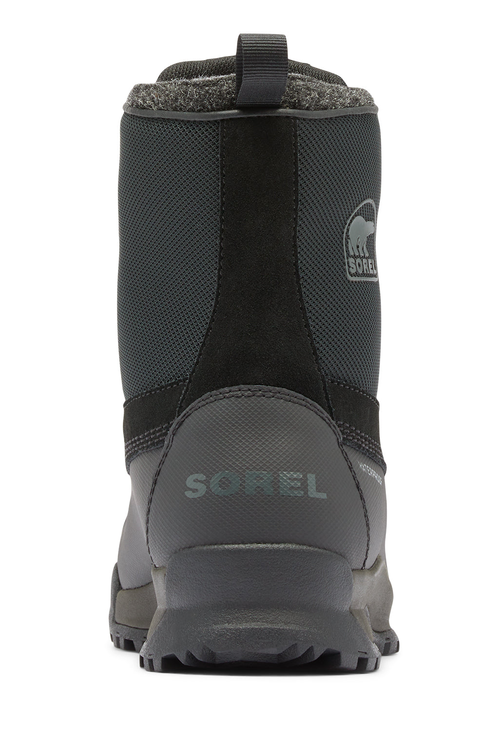 Back view of a gray and black boot with 'SOREL' in gray text near the heel and a gray logo patch near the top.