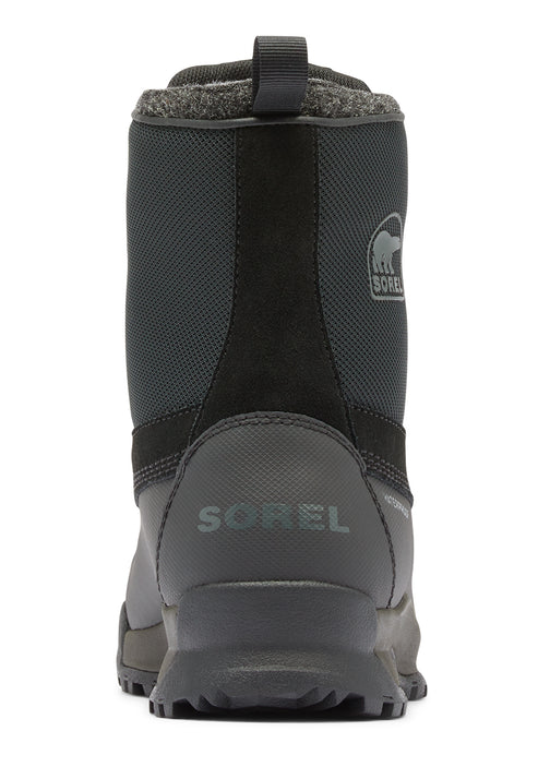 Back view of a gray and black boot with 'SOREL' in gray text near the heel and a gray logo patch near the top.