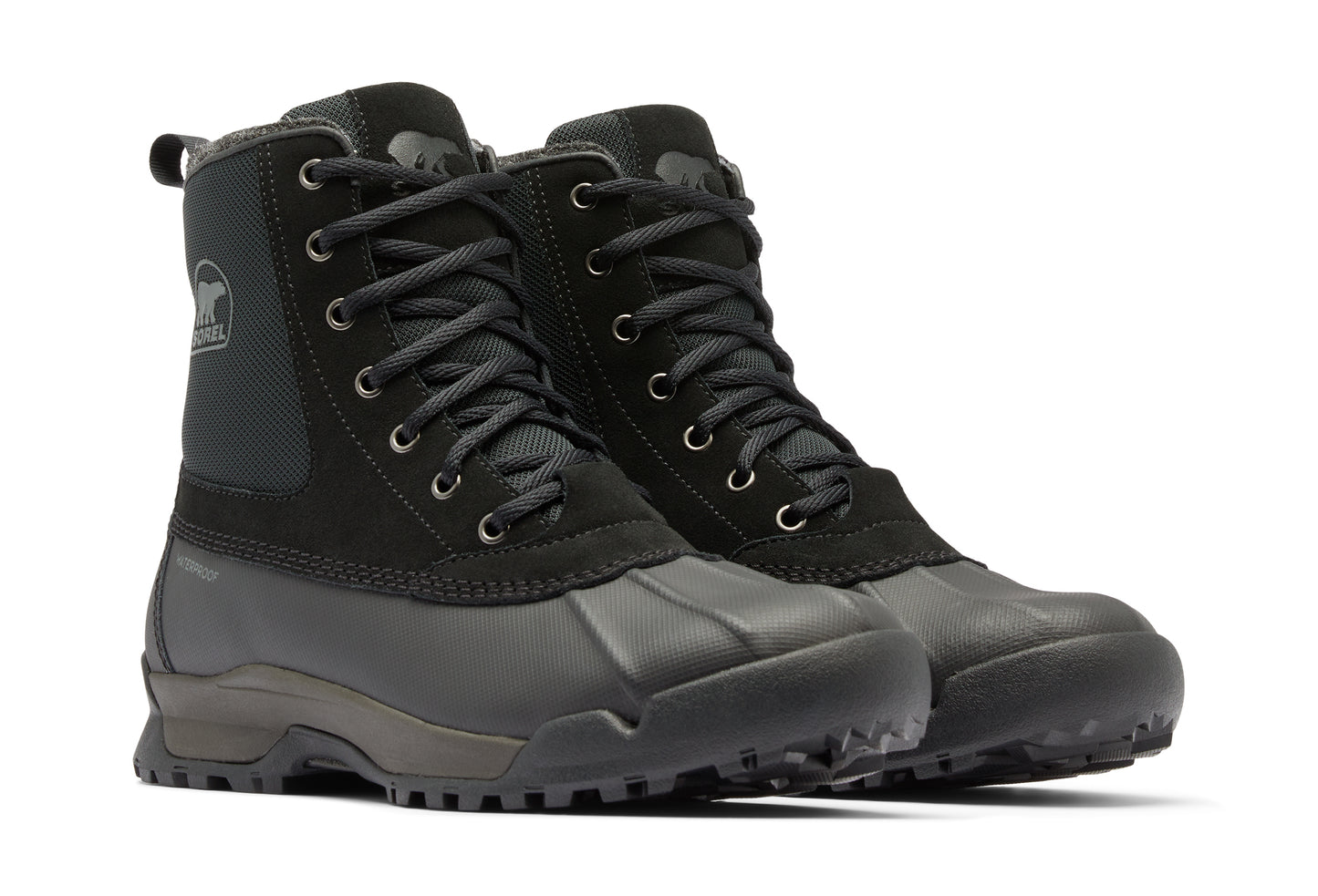 Pair of black high-top duck boots with laces and logo visible on the side.