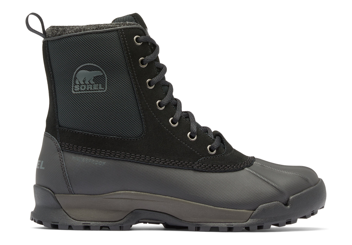 High-cut black and gray boot with laces and pull tab.