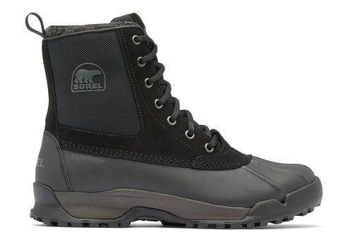 High-cut black and gray boot with laces and pull tab.