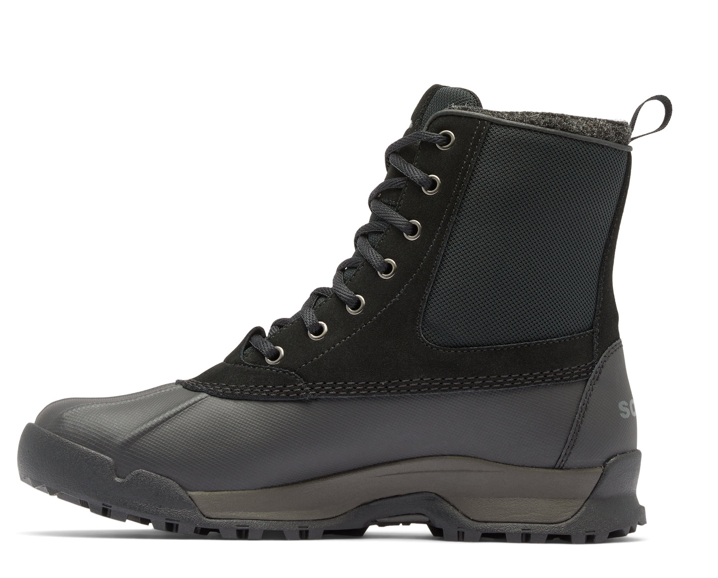 Black lace-up boot with rubber lower and suede upper