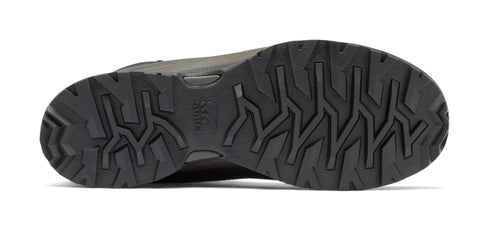 Close-up of the sole of a dark colored shoe featuring a geometric tread pattern.