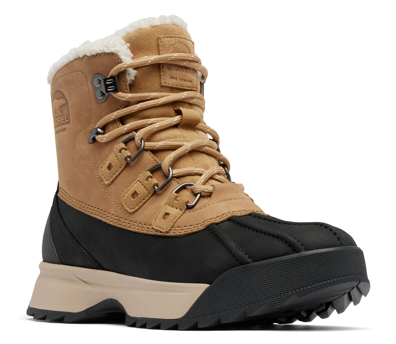 Tan and black lace up boot with a lug sole and fleece collar. Logo visible on the side.