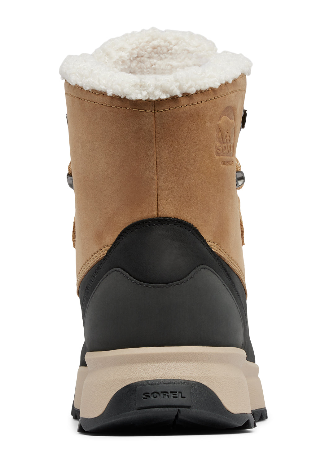 Back view of a tan and black hiking boot with a white faux fur collar and the text "SOREL" on the sole.