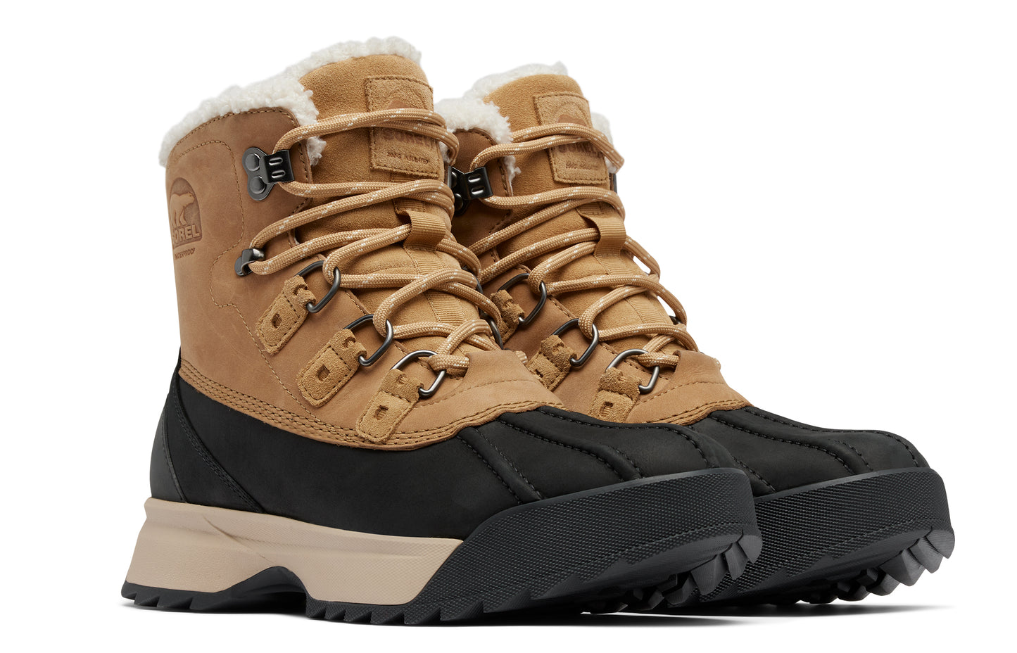 Tan and black winter boot with faux fur lining and lace-up closure.