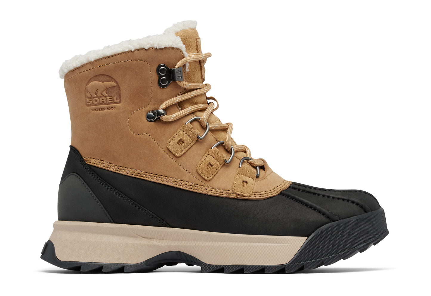 Tan and black mid-calf boot with laces and a sherpa lining.