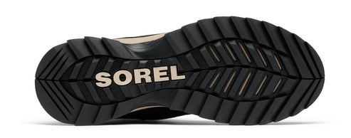 The sole of a shoe with a rugged tread pattern and the word "SOREL" embossed in the center.