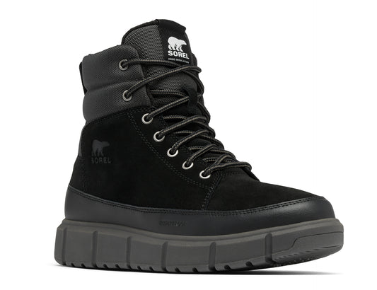 Black, padded winter boot with laces and chunky dark gray sole, "SOREL" logo visible on tongue and side.