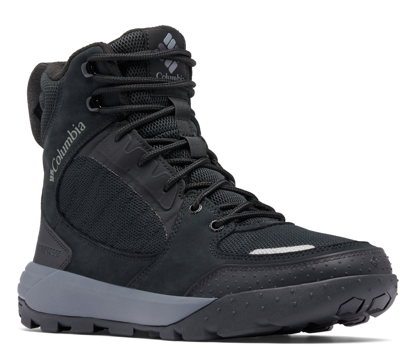 Black, high-top hiking boot with lace-up closure and grey sole.
