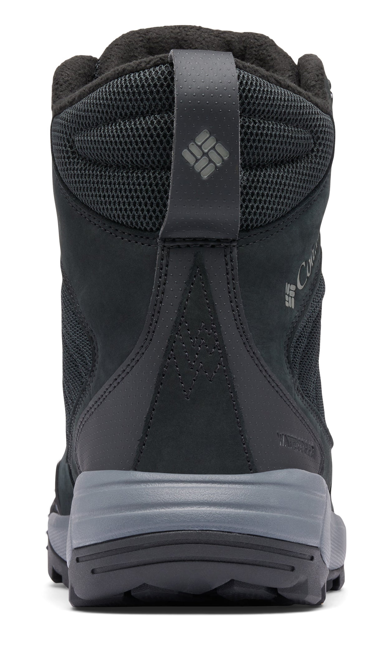 Back of a black boot with a gray sole and a fabric loop at the top.