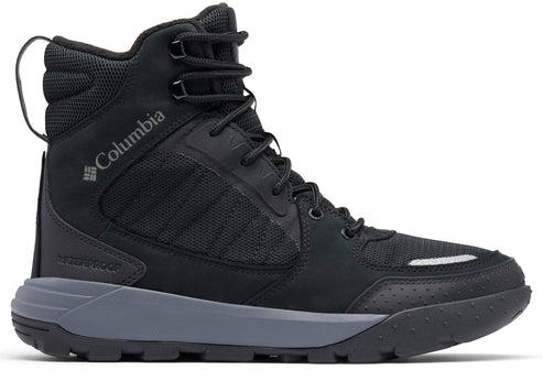 High-top black boot with grey sole and visible "Columbia" logo on the side.