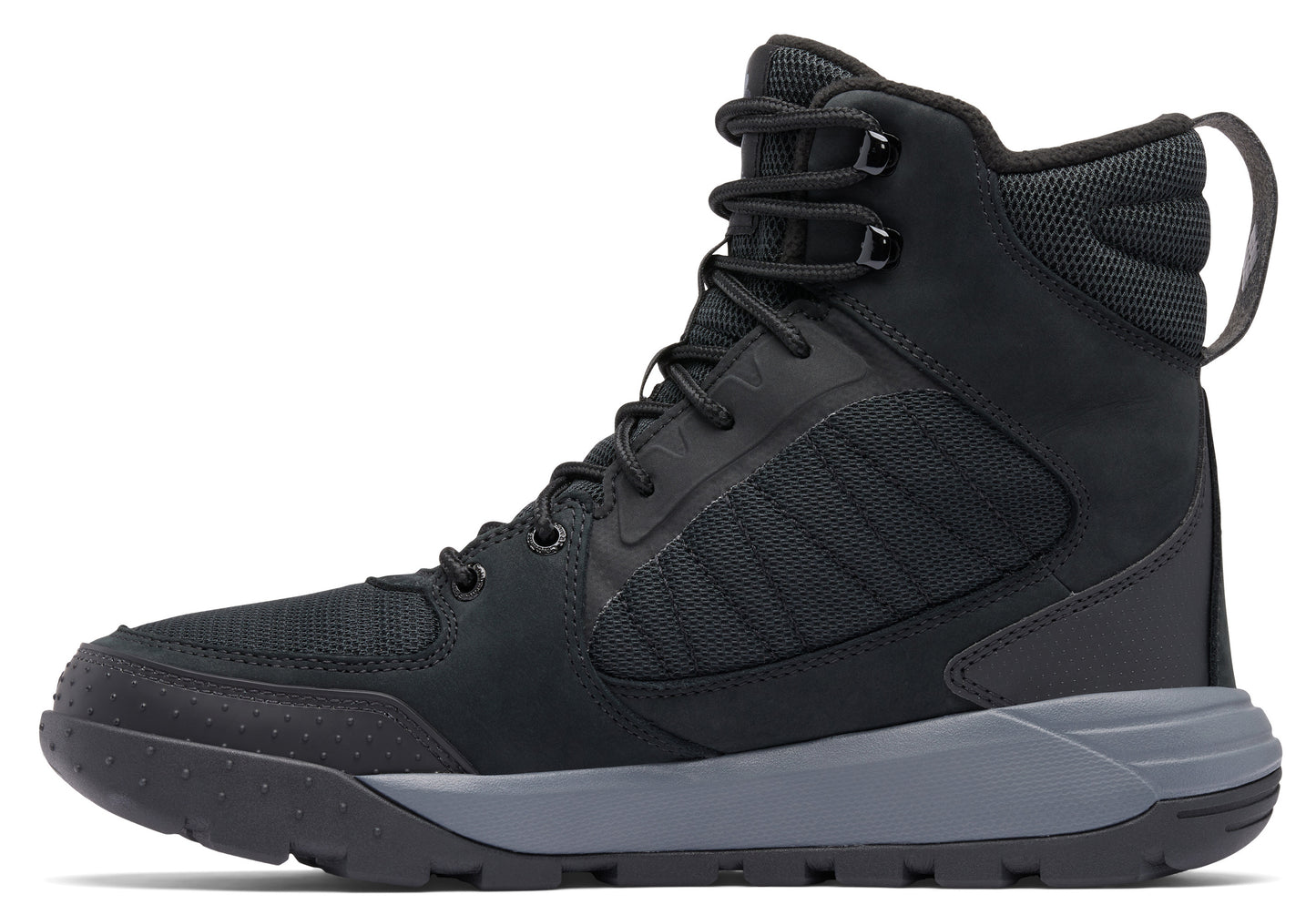 Side view of a black and gray hiking boot with a high top.