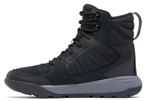 Side view of a black and gray hiking boot with a high top.