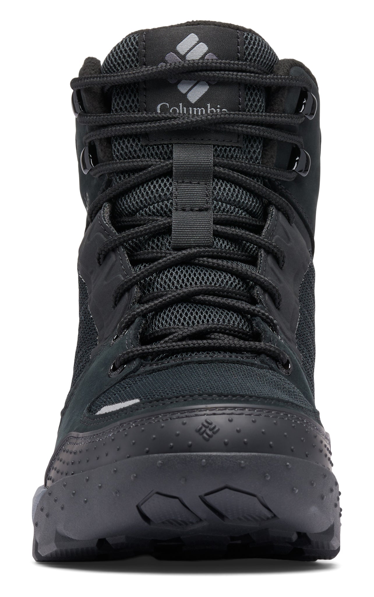 Front view of a black hiking boot with black laces, a rubberized toe, and a Columbia logo on the tongue.
