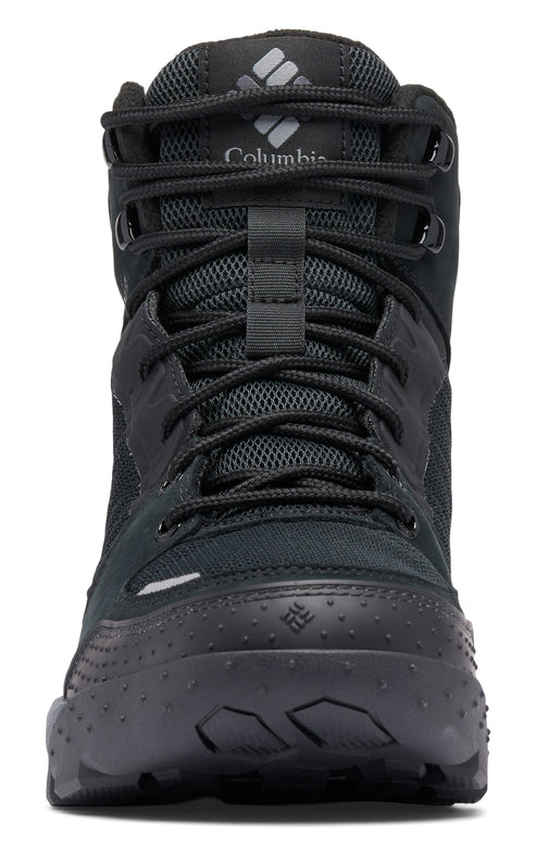 Front view of a black hiking boot with black laces, a rubberized toe, and a Columbia logo on the tongue.
