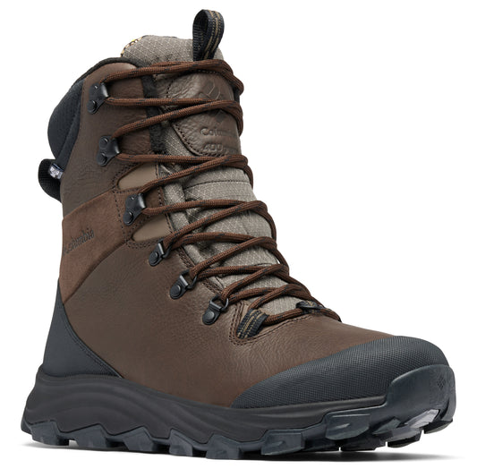 High-cut brown leather hiking boot with dark laces and a black rubber sole.