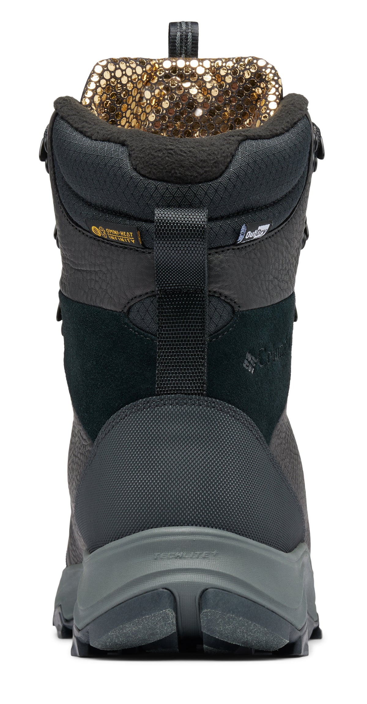 Back of a gray and black hiking boot with a patterned gold and black lining.