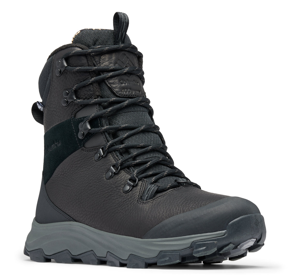 Black leather high top boot with black laces and gray sole.