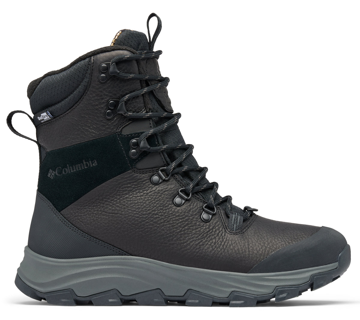 High top black boot with laces and gray sole.
