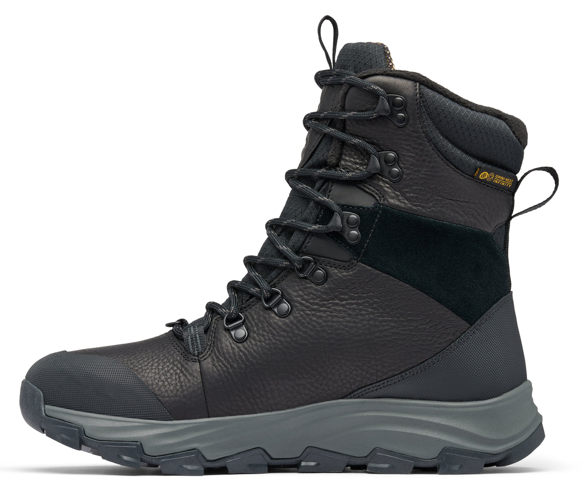 High laced black leather boot with a gray sole.