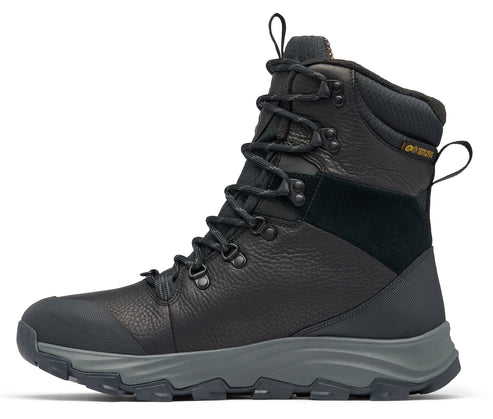 High laced black leather boot with a gray sole.