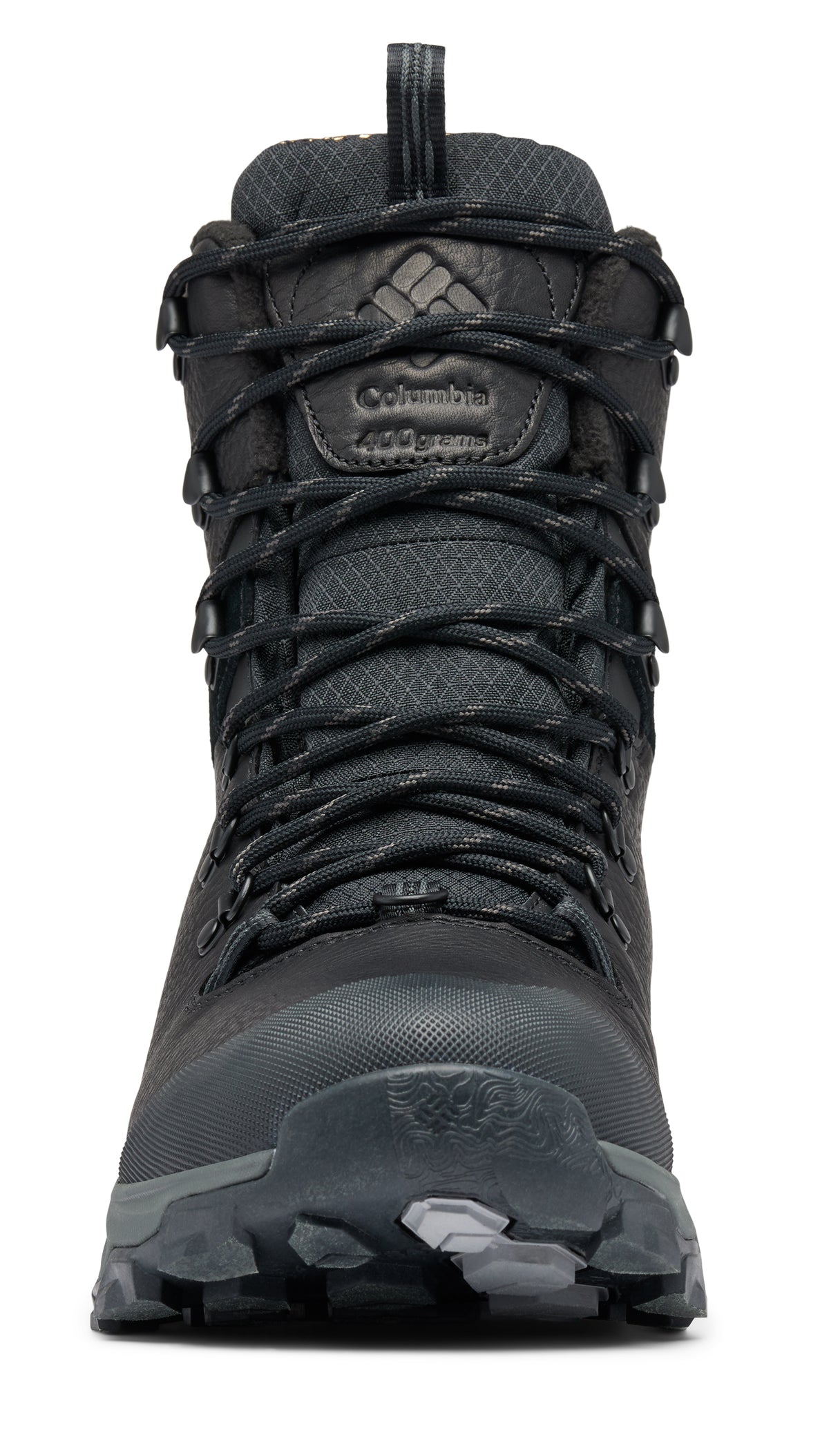 Front view of a tall black hiking boot with black laces and a loop at the top.