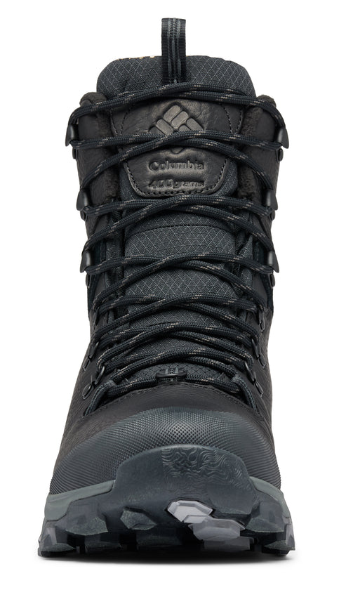 Front view of a tall black hiking boot with black laces and a loop at the top.