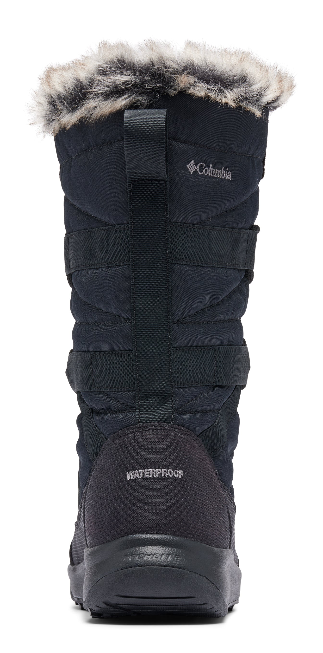 Back view of black winter boot with faux fur trim and "WATERPROOF" printed on the lower portion of the boot.