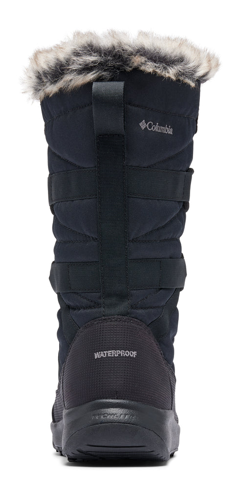 Back view of black winter boot with faux fur trim and "WATERPROOF" printed on the lower portion of the boot.