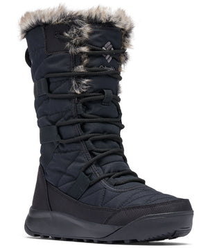 Tall black quilted boot with faux fur trim.