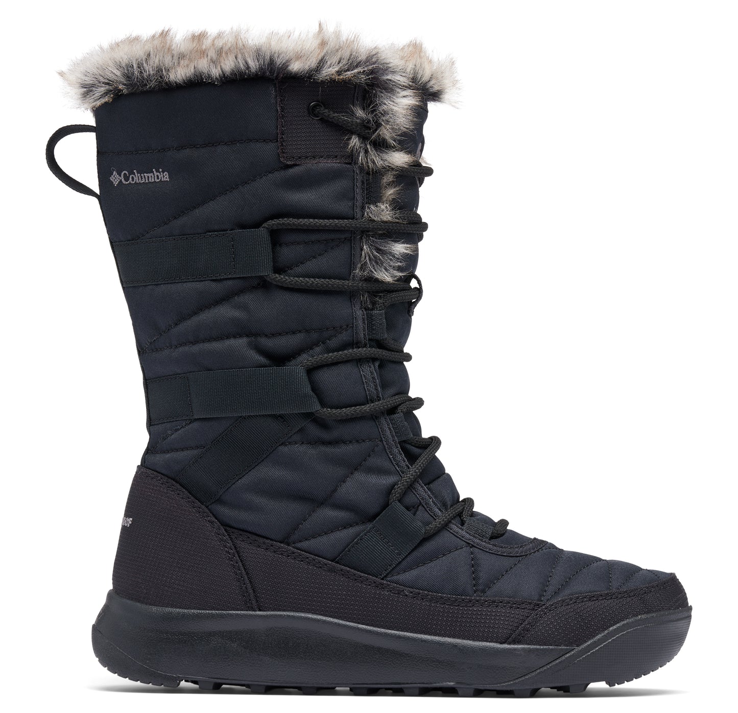Tall black quilted boot with faux fur trim and lace-up closure.