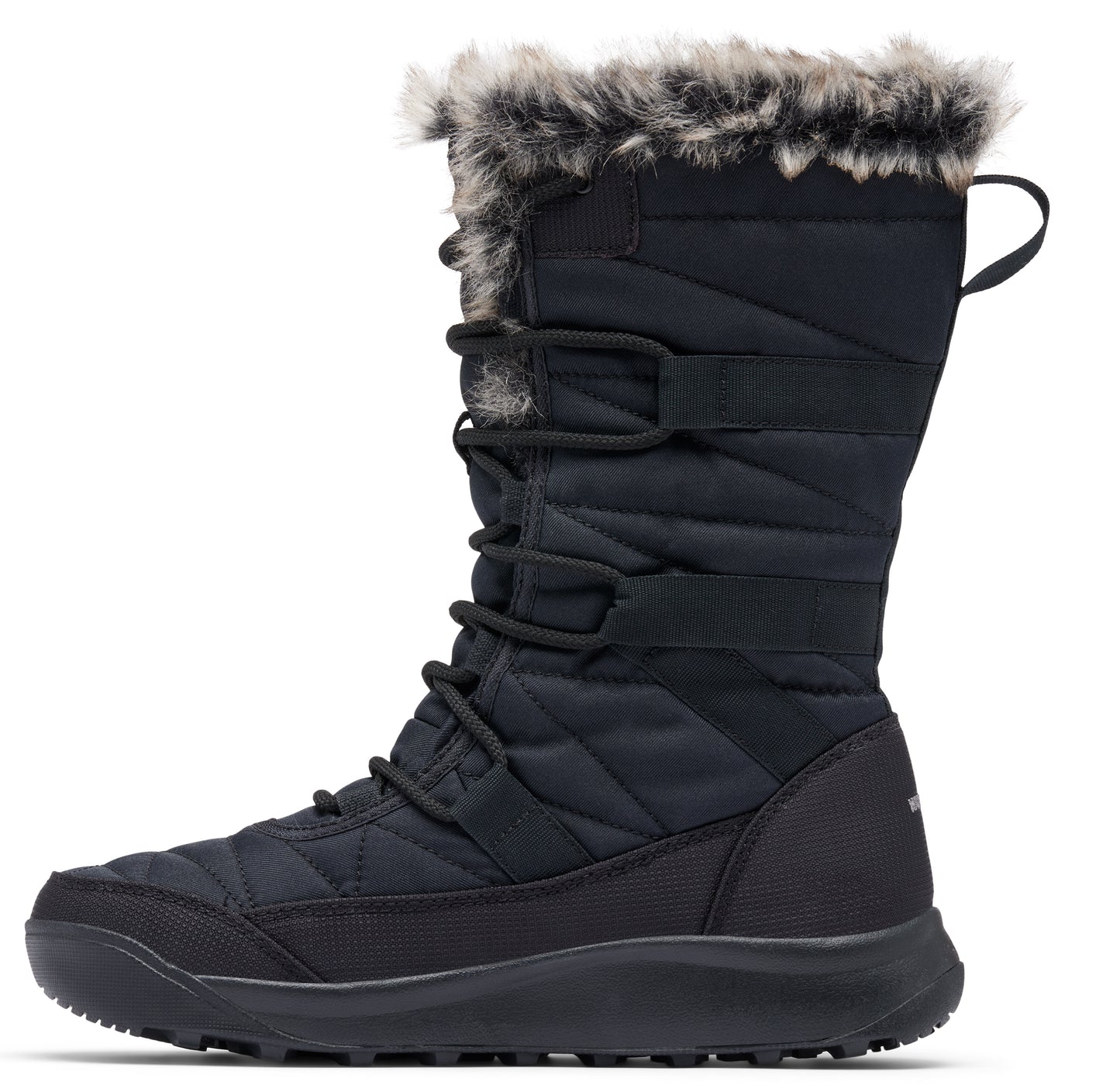 A mid-calf black quilted boot with faux fur trim and lace-up closure.