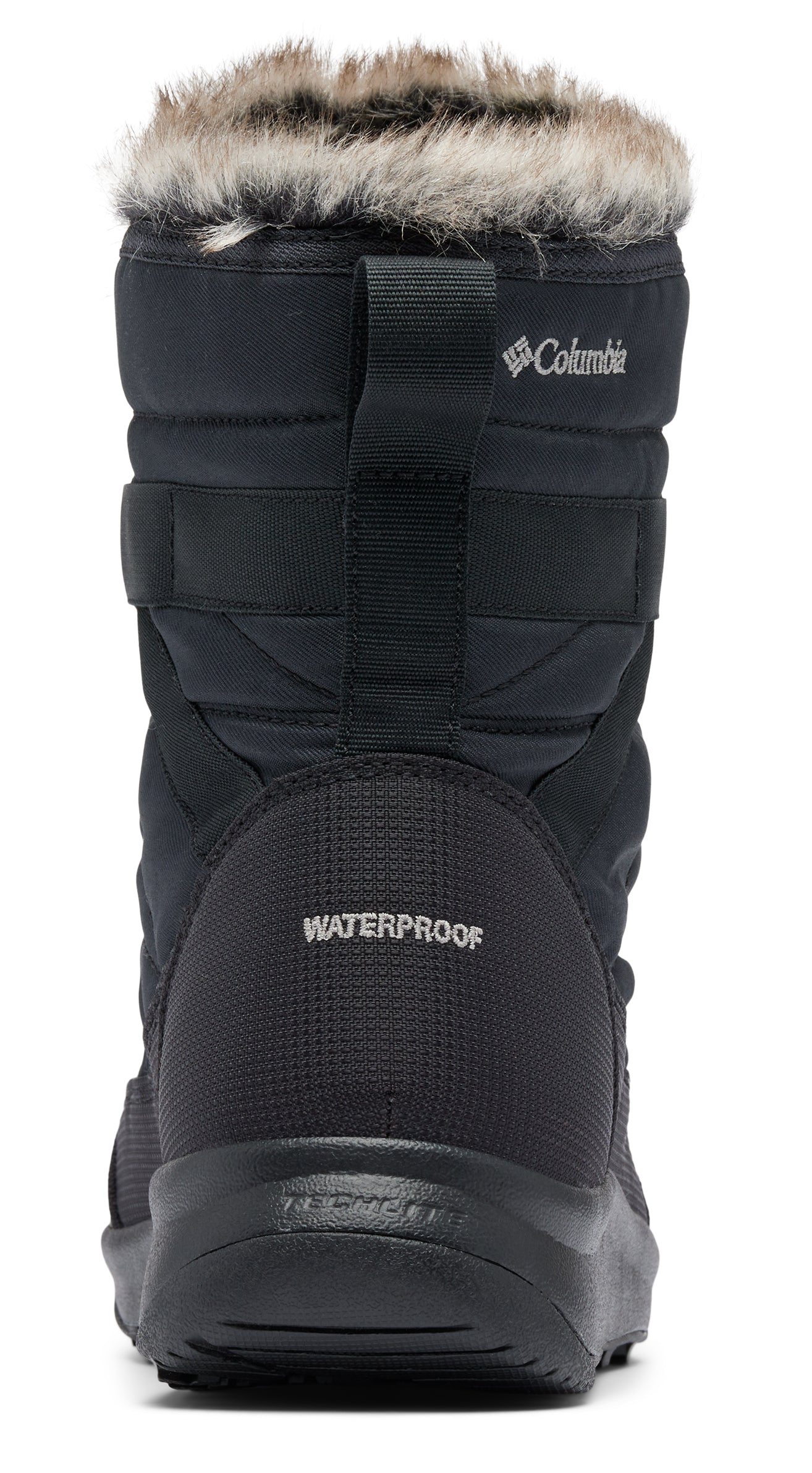 Rear view of a black boot with waterproof text and fur trim.