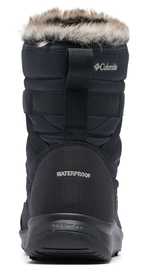 Rear view of a black boot with waterproof text and fur trim.