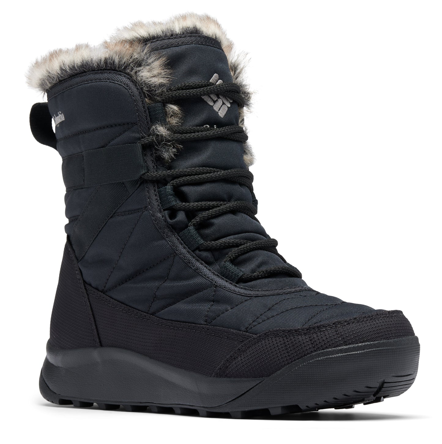 Black quilted snow boot with faux fur trim.