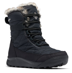 Black quilted snow boot with faux fur trim.