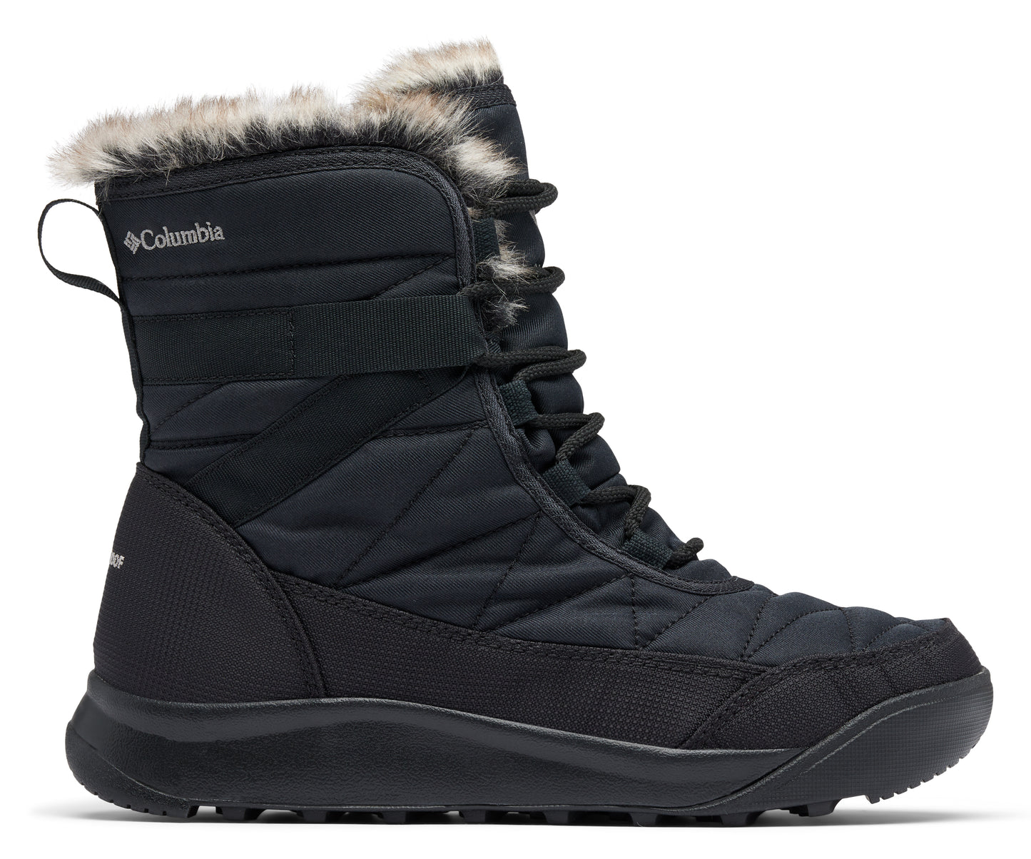 Black quilted snow boot with faux fur trim and lace-up closure.