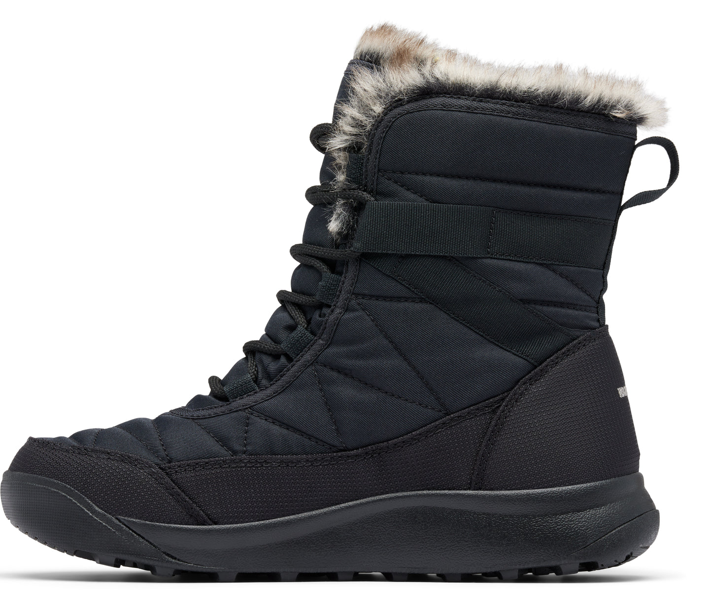 Black quilted boot with fur trim and laces.